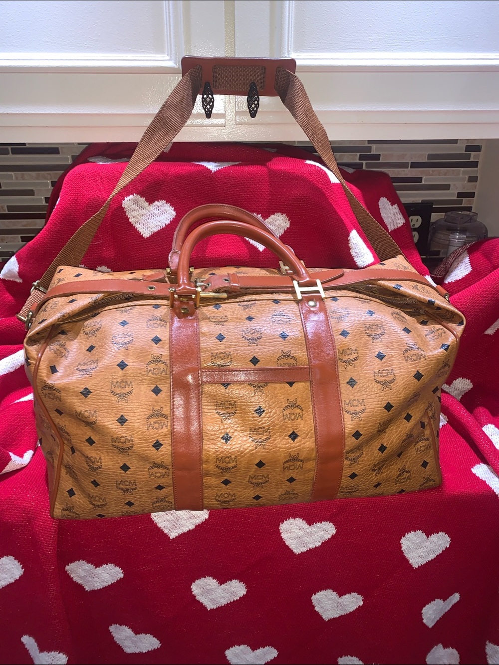 MCM Cognac Visetos Logo Duffel with Leather Trim